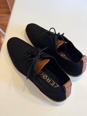 Cole Haan ZEROGRAND Black Knit Loafers with Tan Heel Tabs Sz 13.  Tub6
